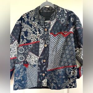 Navy and Red Patchwork Quilted Jacket,Wood Buttons,Koi,Mature,Old Money,Business